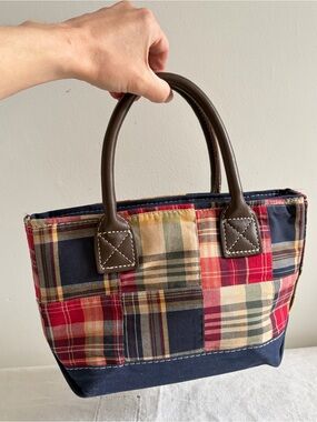 Vintage LL Bean Madras Mini Tote Bag Plaid Patchwork Leather Handle USA